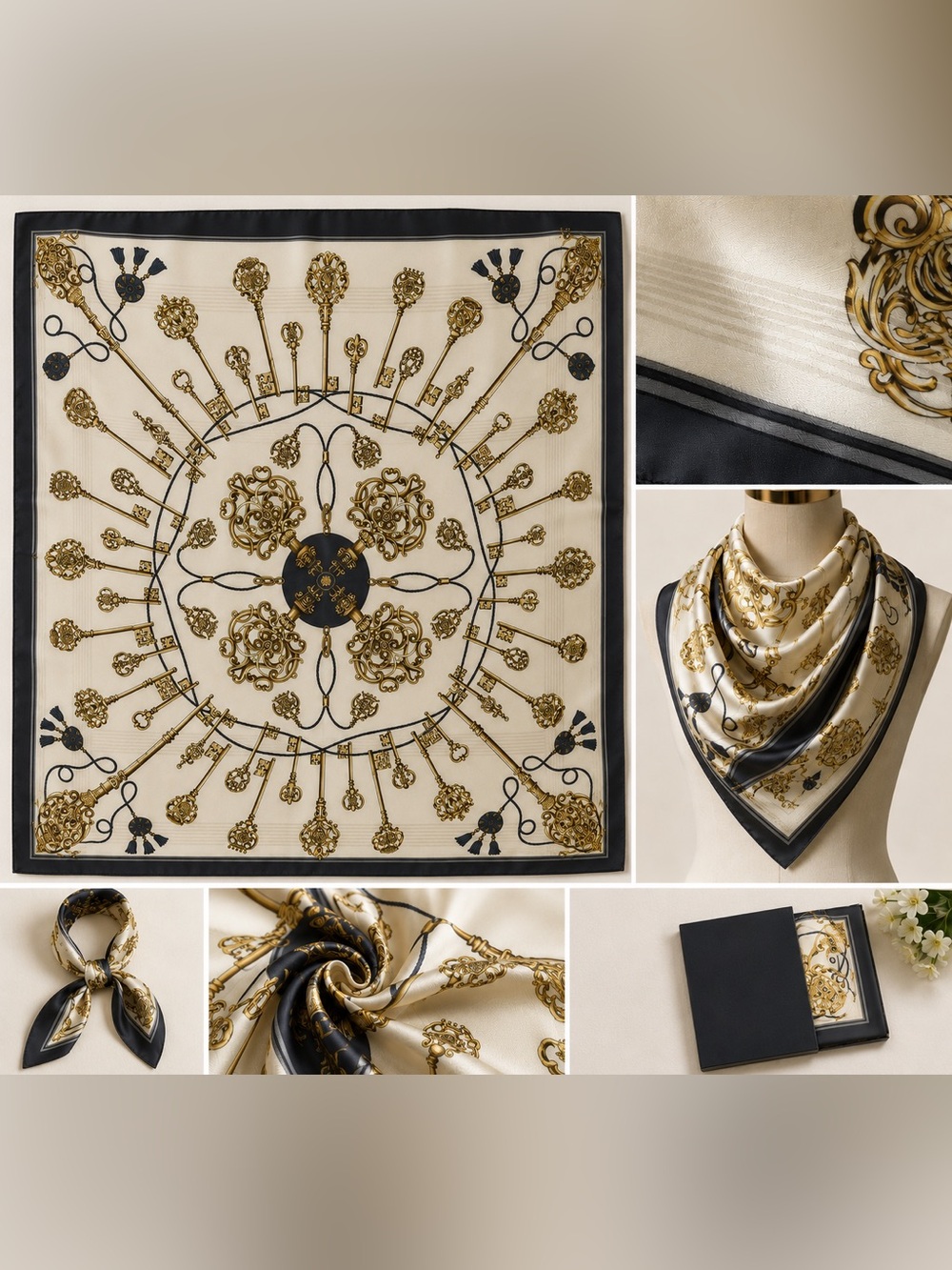Valentino Sheer Scarf Tapestry in Black, Gold, Cream